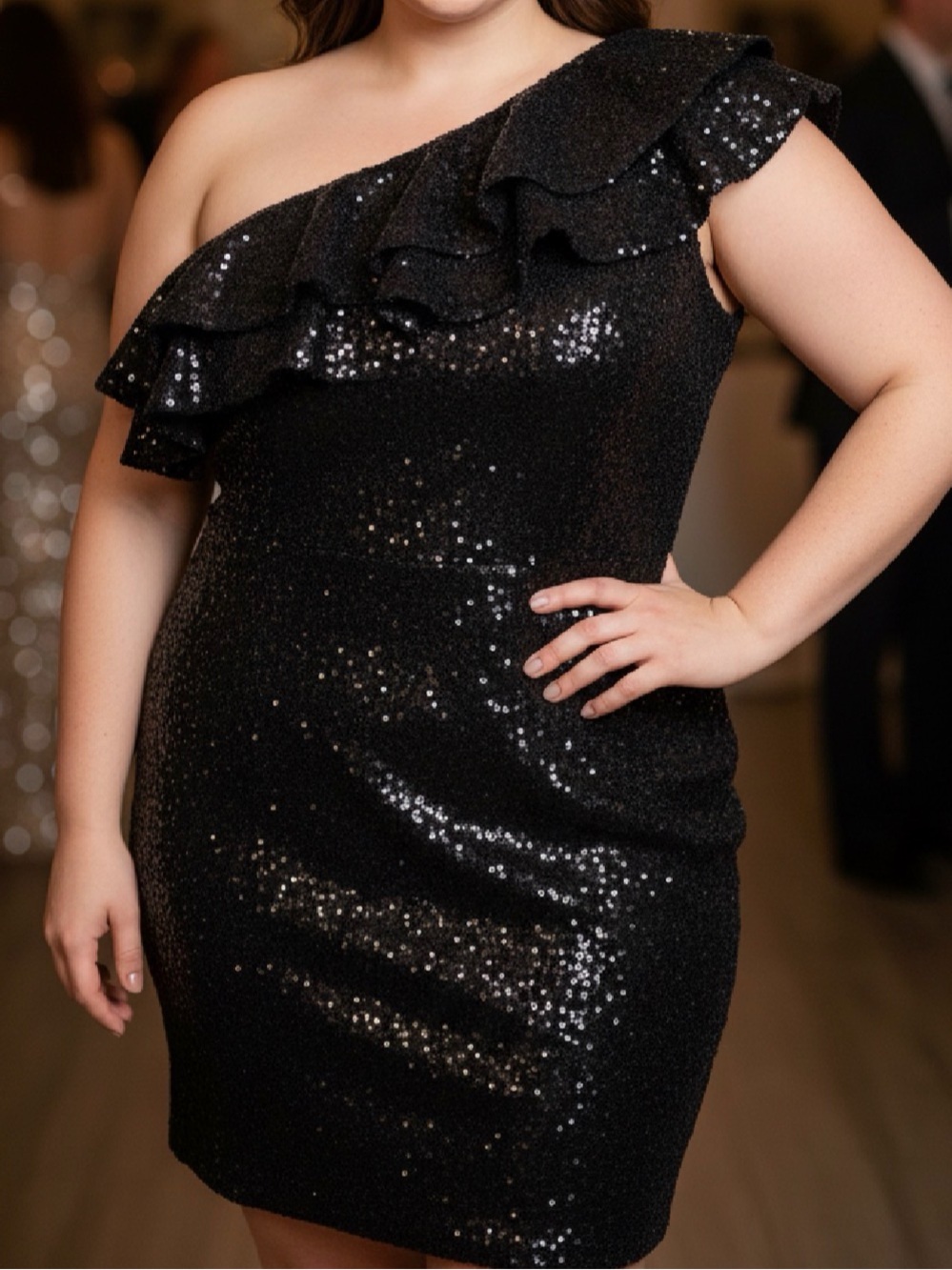 Sequin One-Shoulder Ruffle Mini Dress - Black